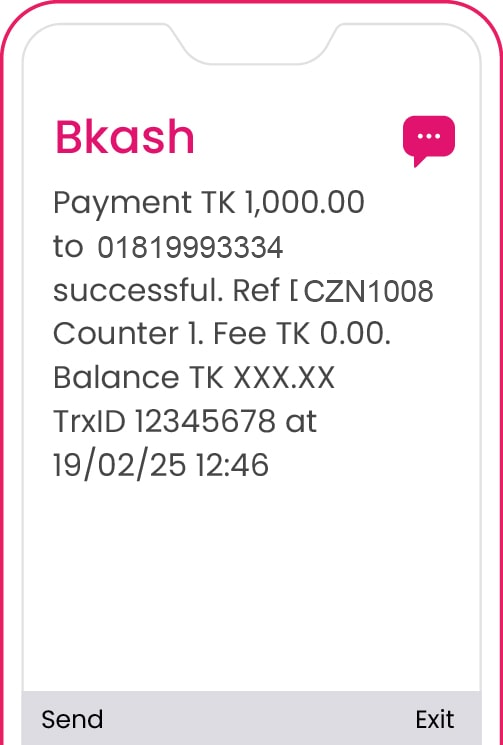 bKash payment successful to 01819993334 with Reference CZN1008