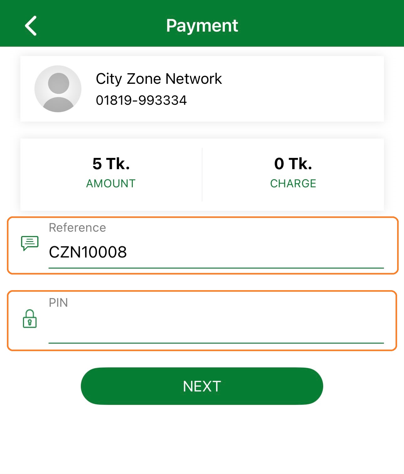 Nagad payment screen showing Reference CZN1008 and PIN