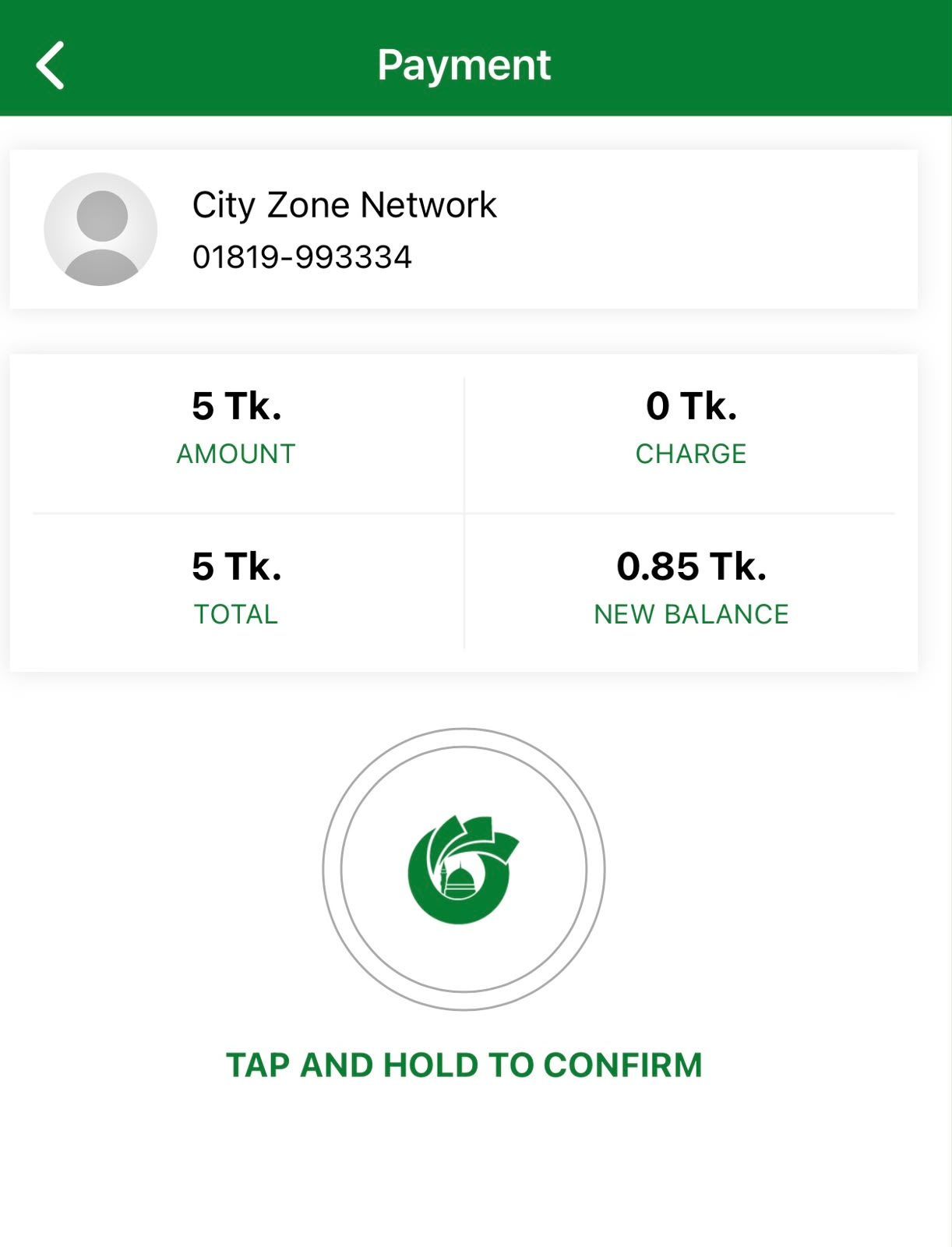 Nagad payment confirmation screen with Tap and Hold to Confirm